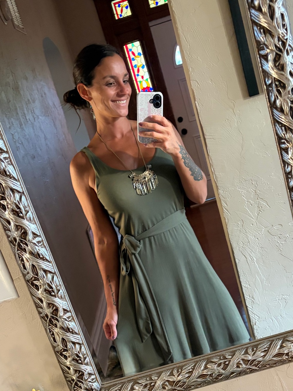 LOFT Olive Green Tie-Waist Midi Dress